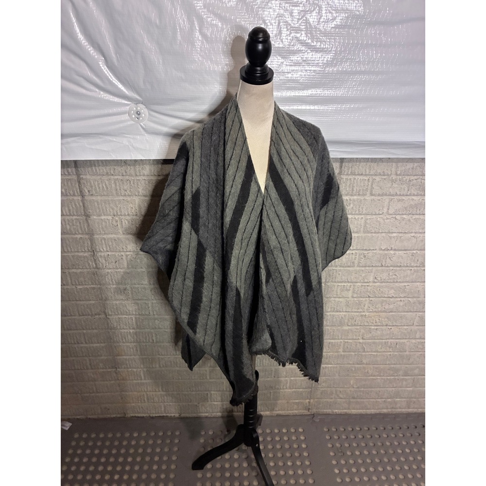 Talula Aritzia Grey Black Striped Oversized Wrap Shawl Poncho Fringe Trim